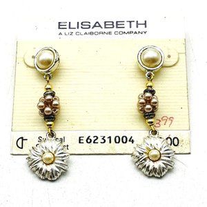 ELIZABETH by LIZ CLAIBORNE Flower Dangle Earrings Faux Pearls Mixed Metals